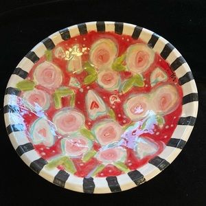 Handmade large Deep Bowl Hearts And Peonies On Scarlet 12”x4” Original Design